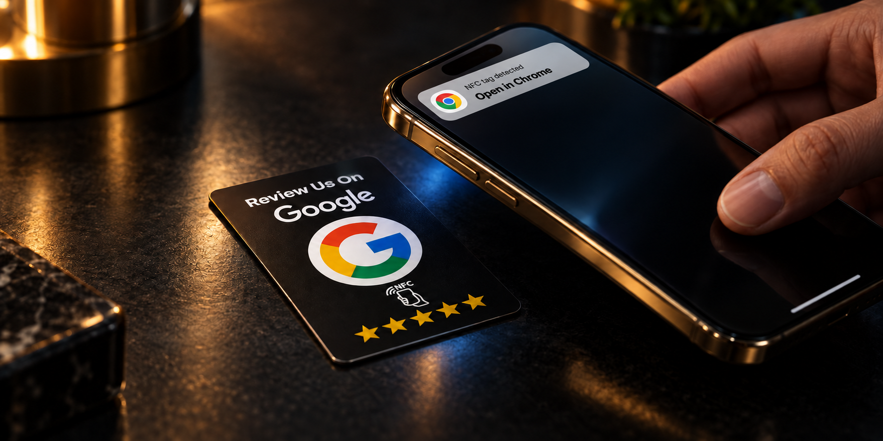 Google-Bewertungskarte mit Smartphone und NFC-Benachrichtigung Open in Chrome