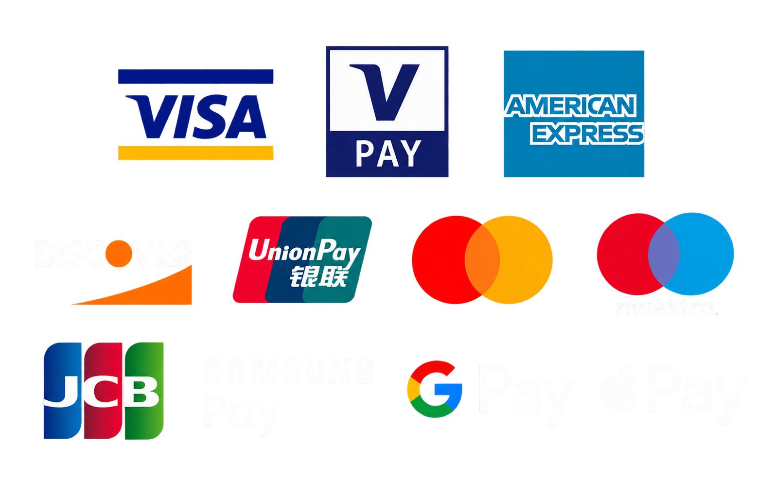 Visa, V Pay, American Express, Discover, UnionPay, Mastercard, Maestro, JCB, Samsung Pay, Google Pay und Apple Pay